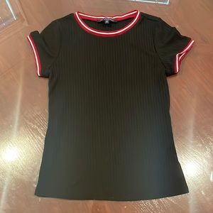 Black with red and white detailing, ribbed shirt